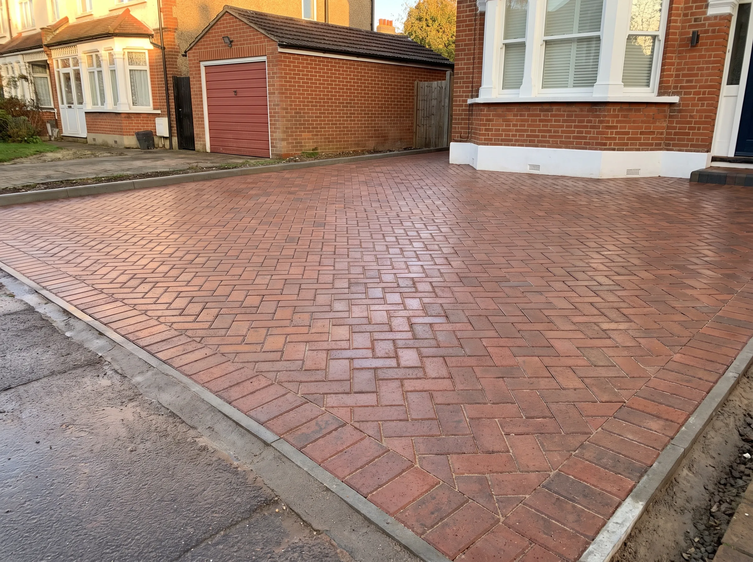 Driveway with patterned brick paving showcasing a smooth, finished surface