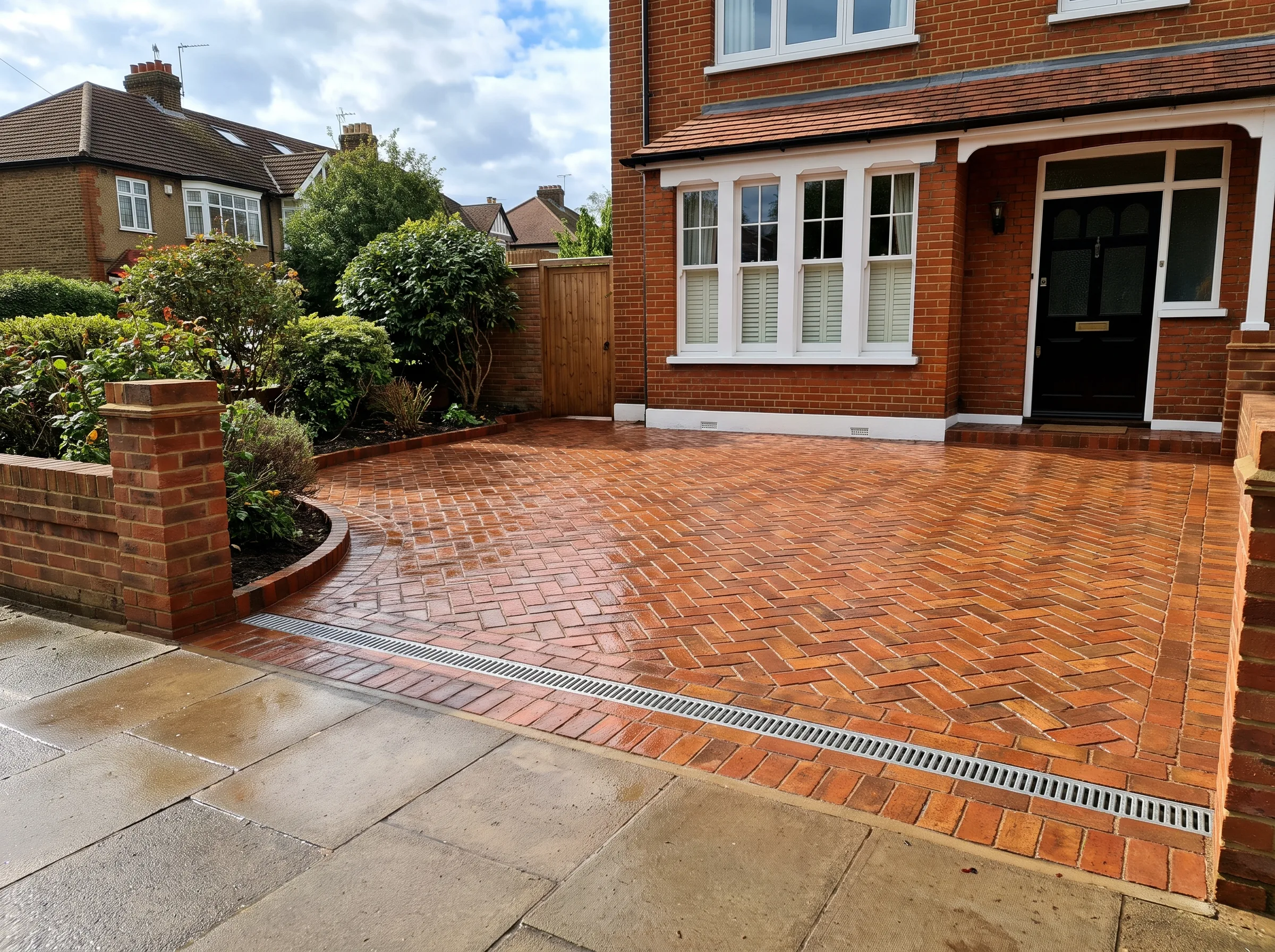 A newly installed brick paved driveway with neat landscaping and a residential home in the background