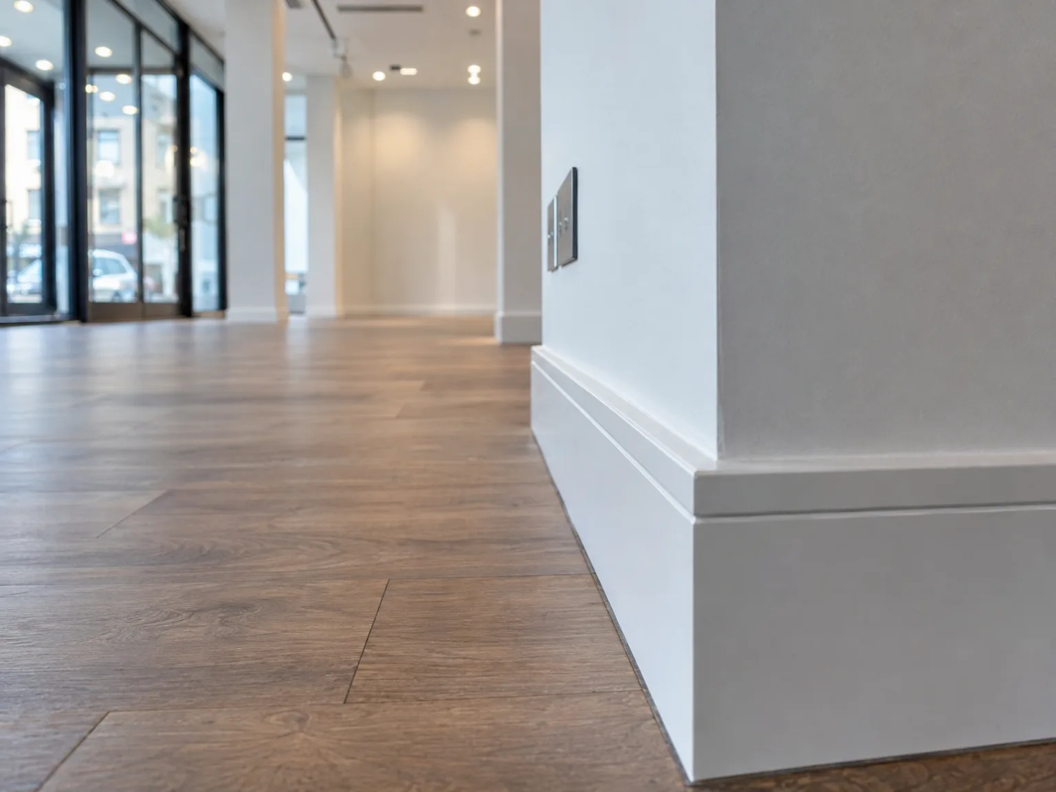 Modern interior hallway with newly installed wooden flooring and white wall paneling with recessed lighting