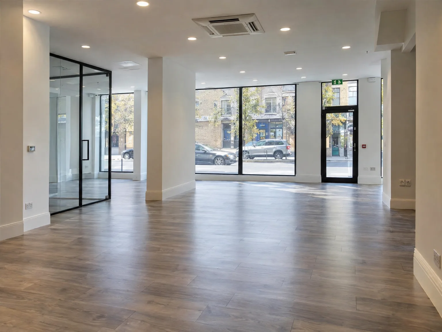 Modern interior with light wooden floor, white walls and black-framed glass doors and windows