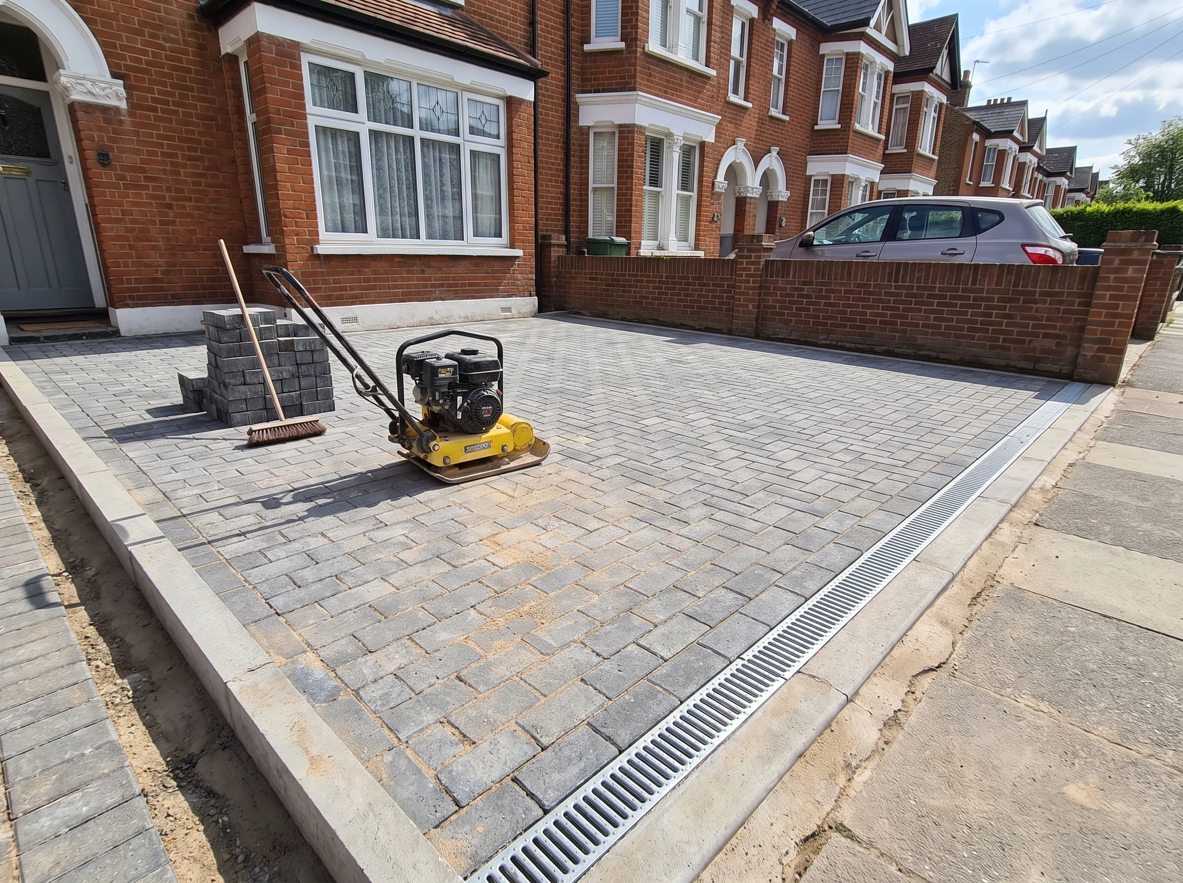Newly paved driveway with brick paving and a compaction machine on display