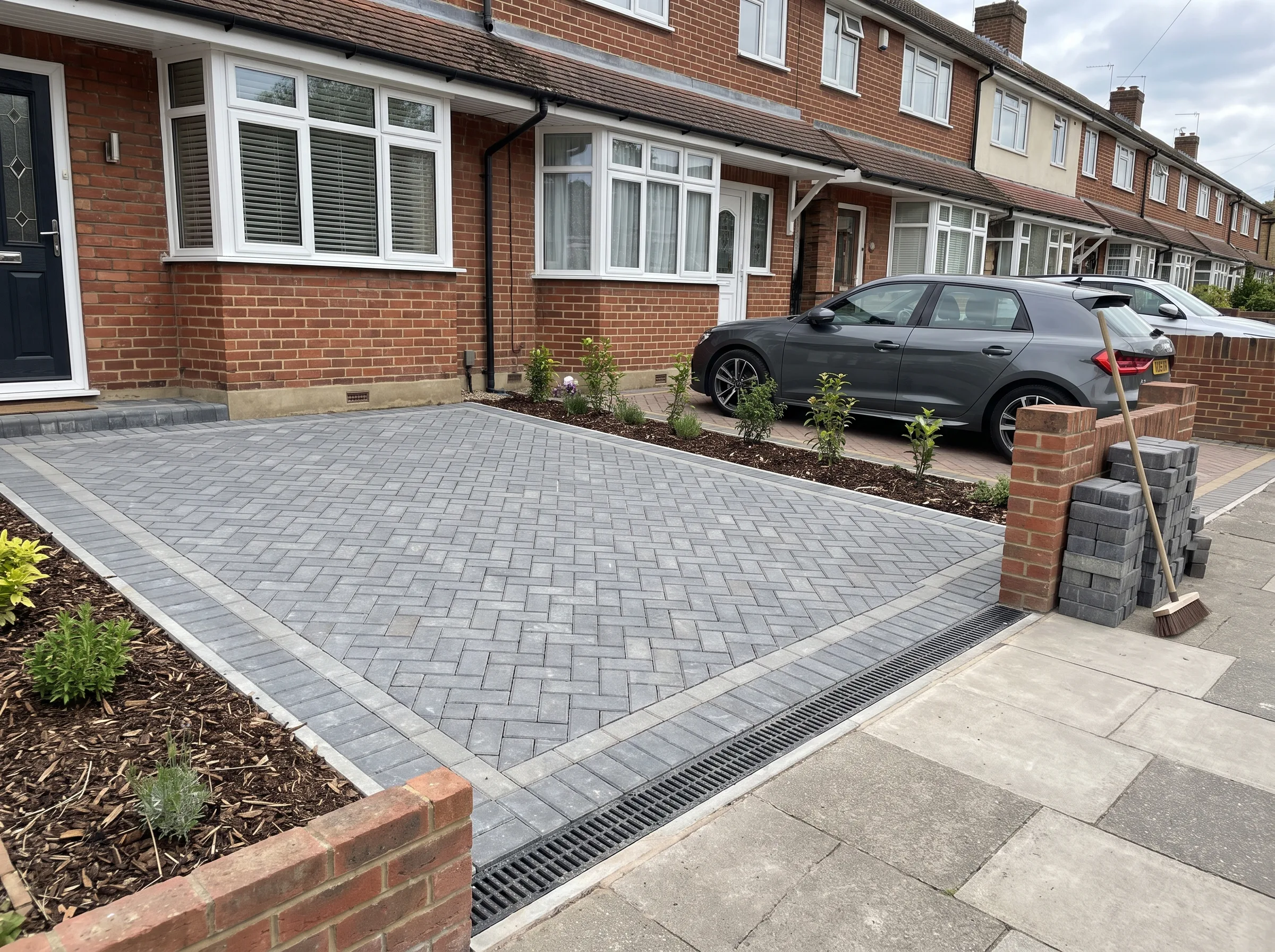 Newly paved driveway featuring grey block paving with landscaping