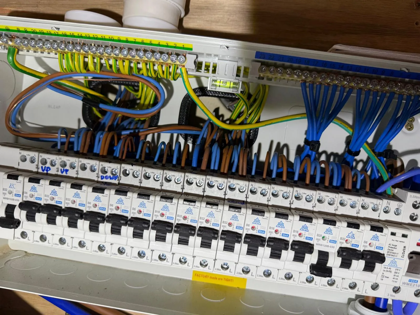 Close-up of an electrical distribution board with color-coded wiring, showcasing electrical works