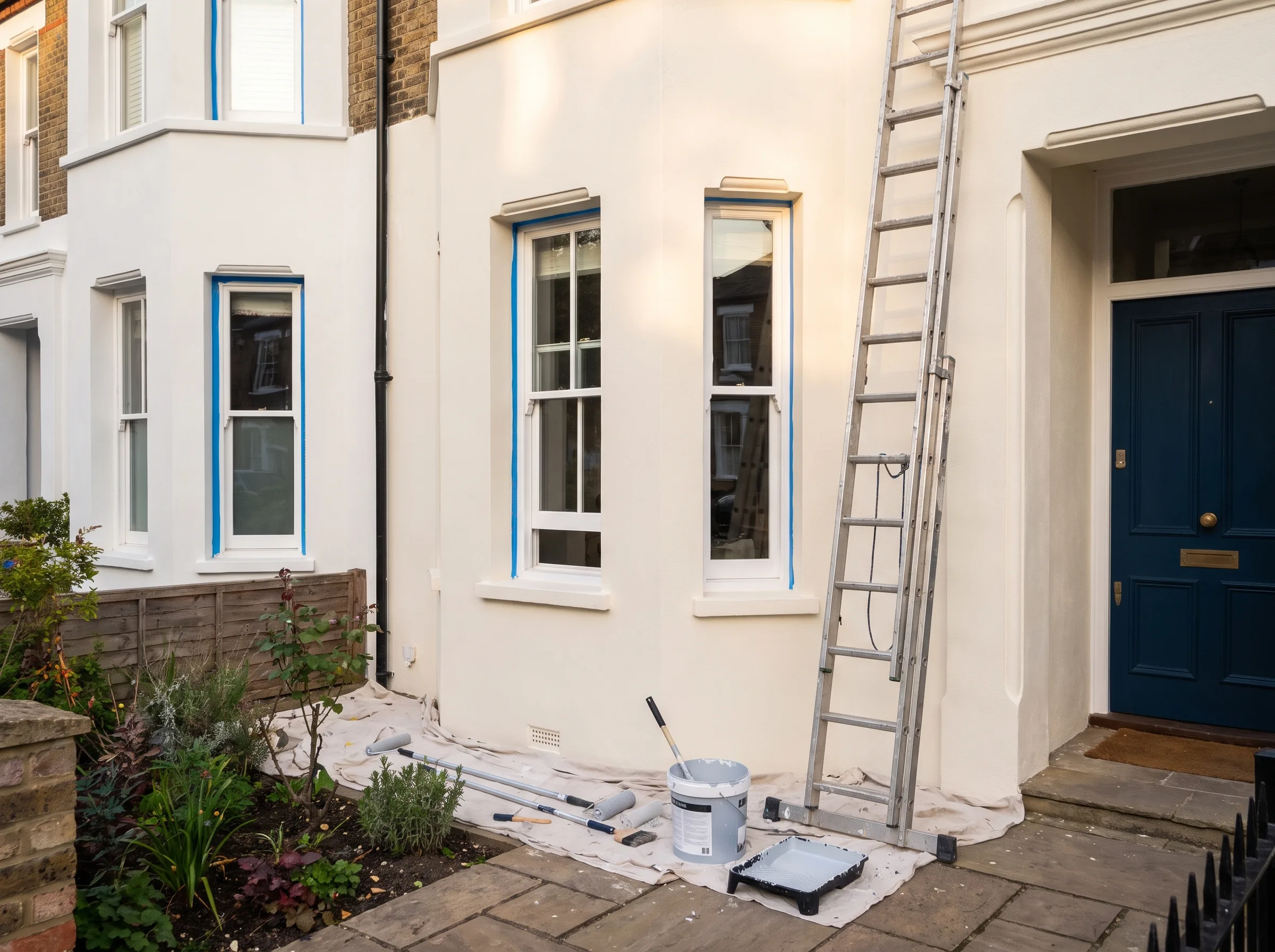 Front of a house with fresh exterior painting and a ladder, ready for finishing touches