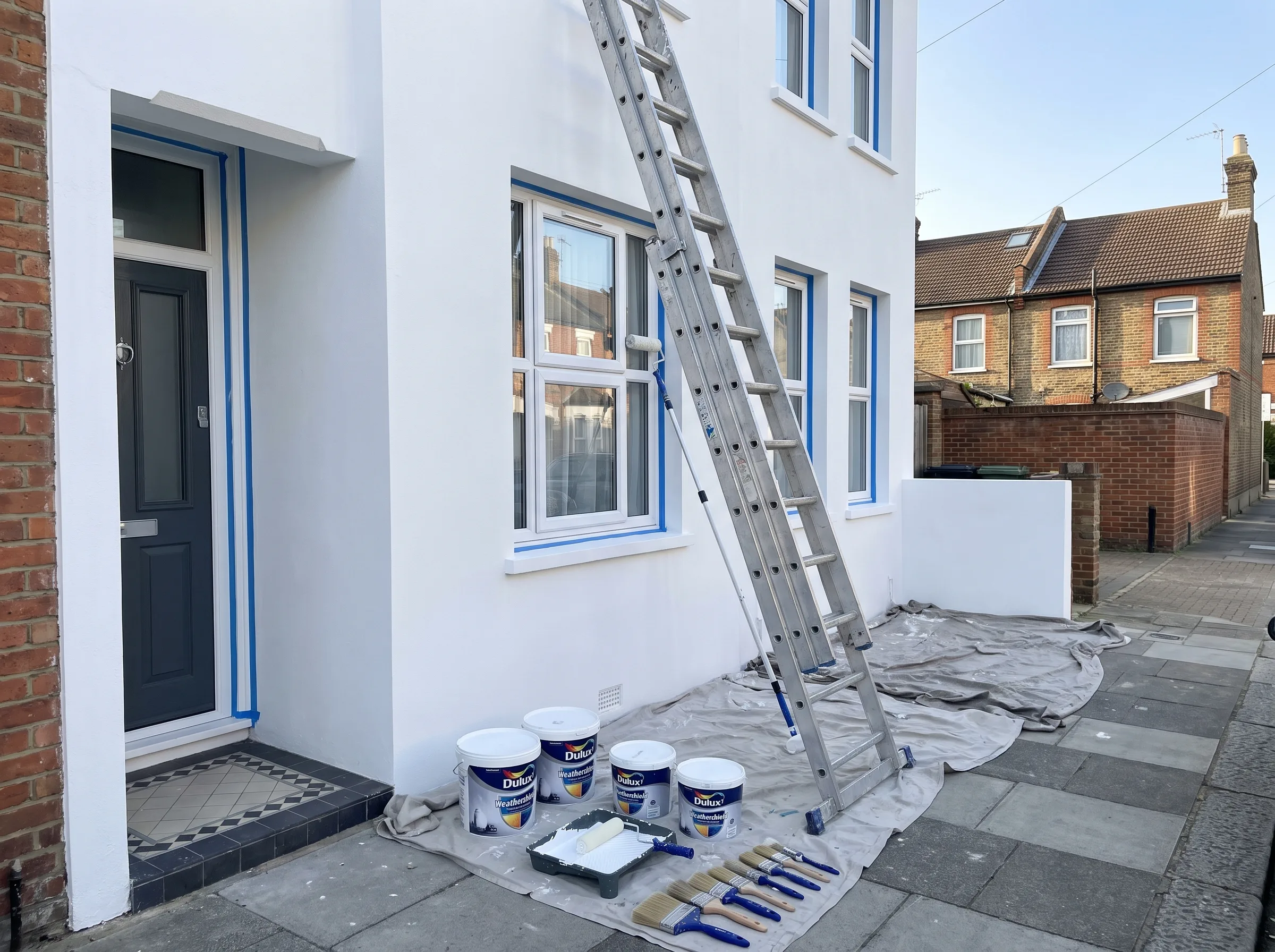 Exterior house painting with ladders and tools visible in a residential area