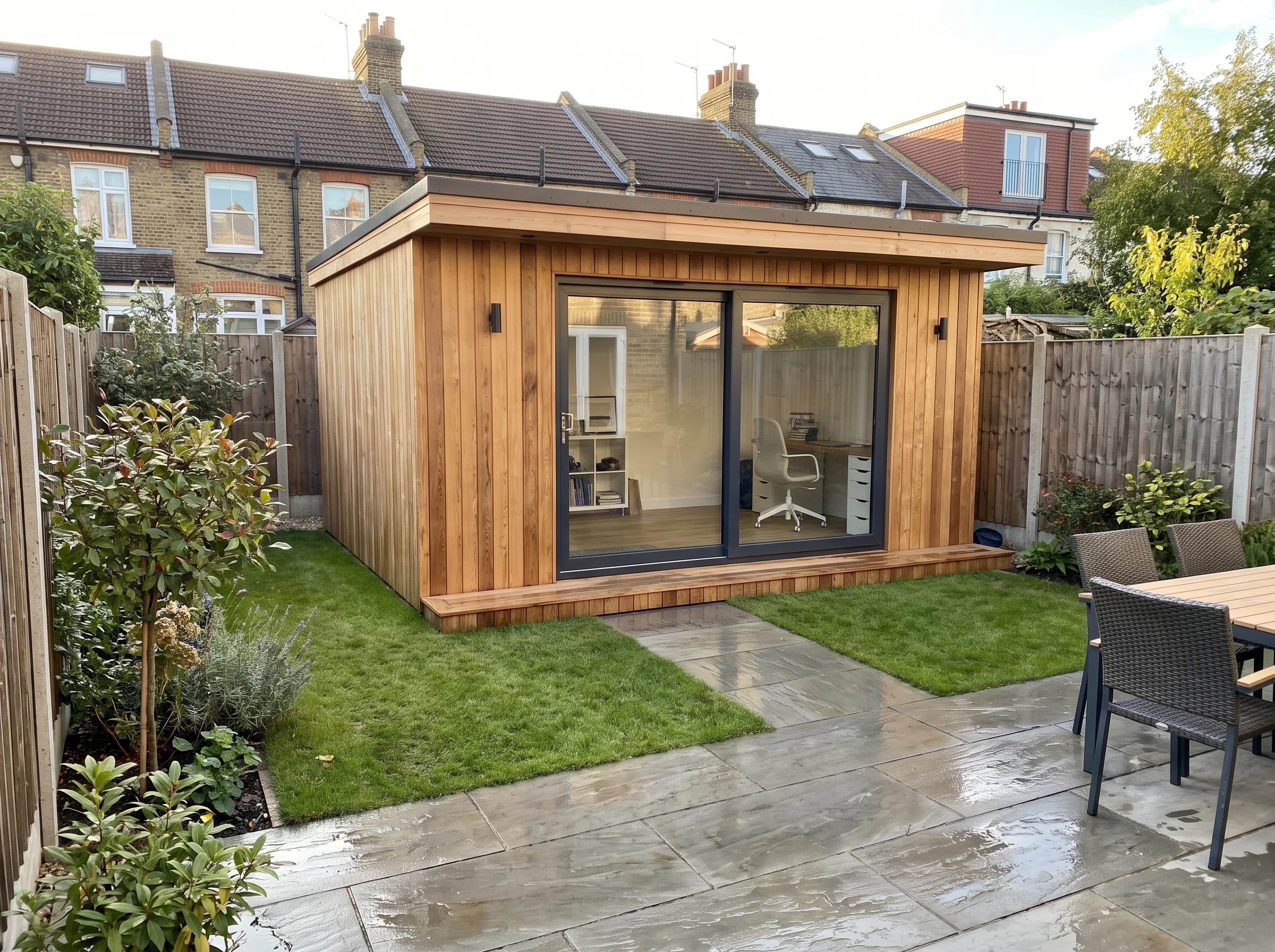 A modern garden office featuring wooden panels and large glass windows, surrounded by a landscaped garden