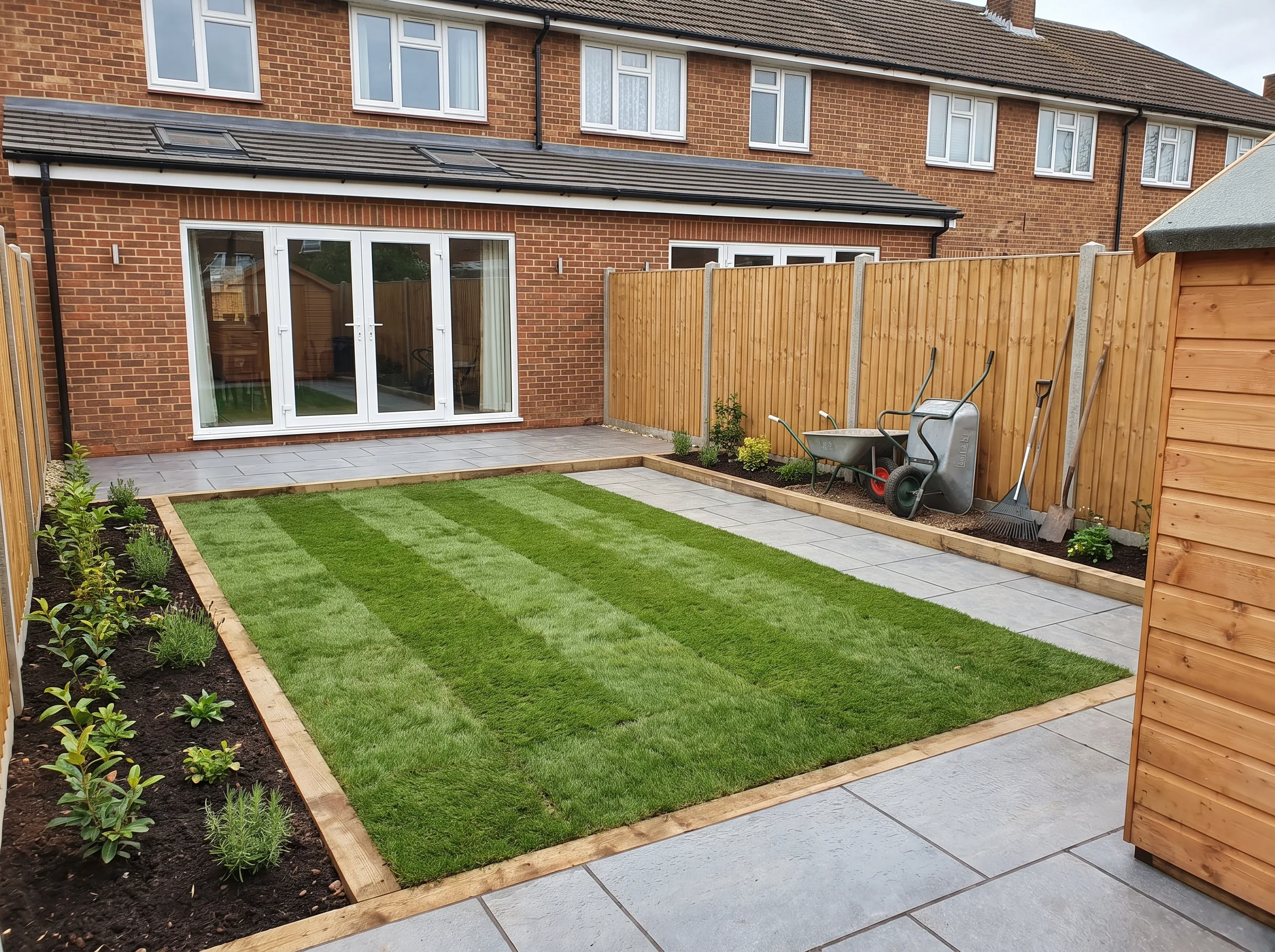 Newly landscaped backyard with lawn, paving, and garden features