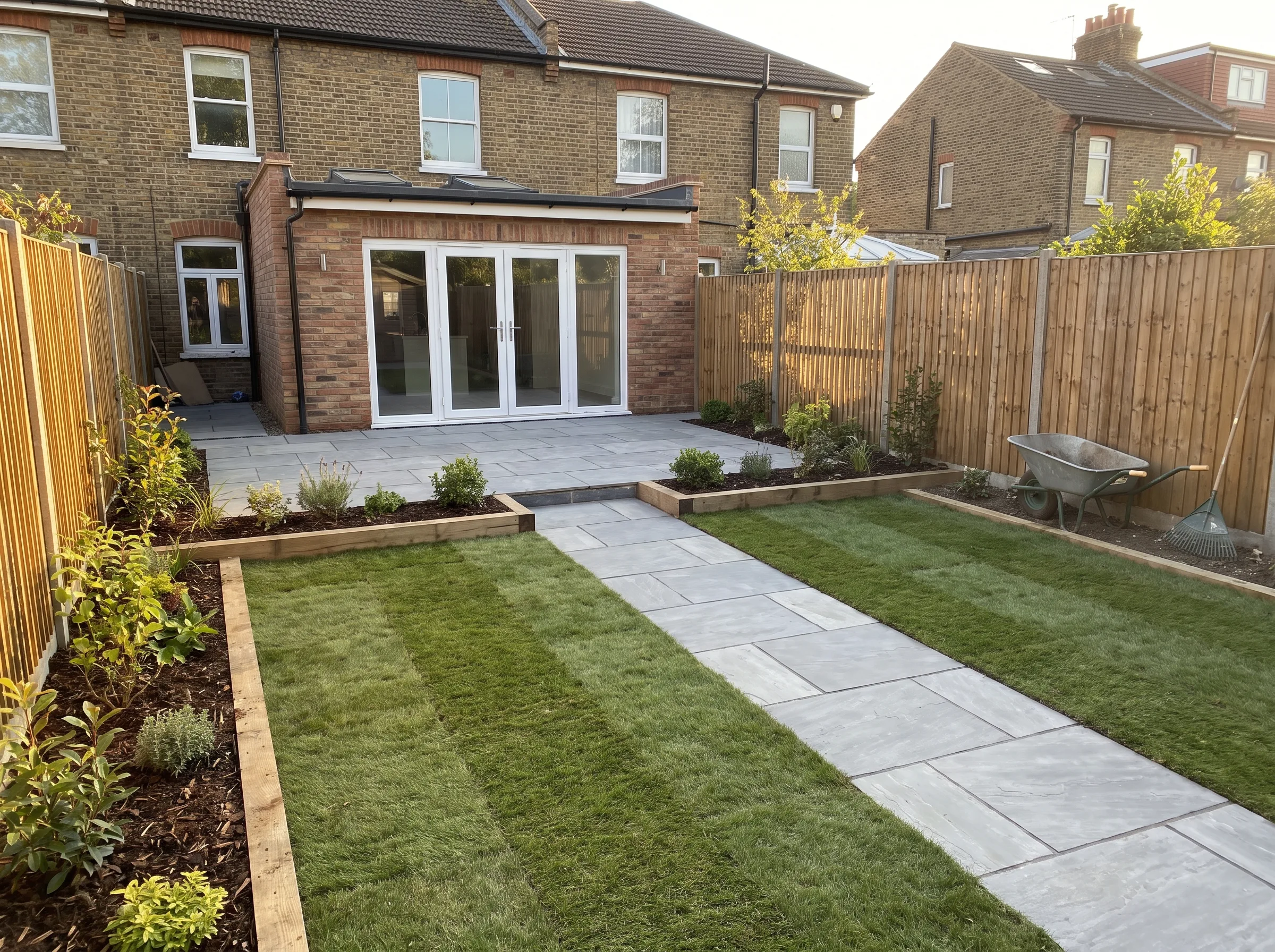 Landscape garden renovation with stone patio and neat grass patches