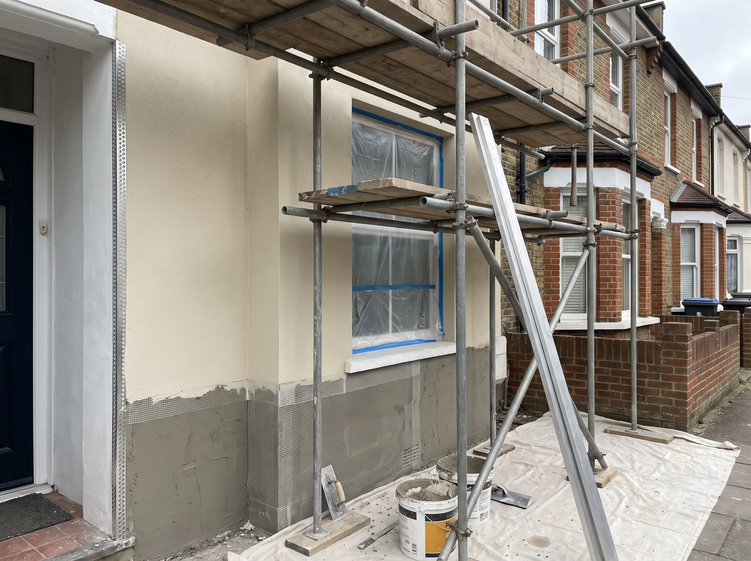Scaffolding around a house for exterior rendering work in progress