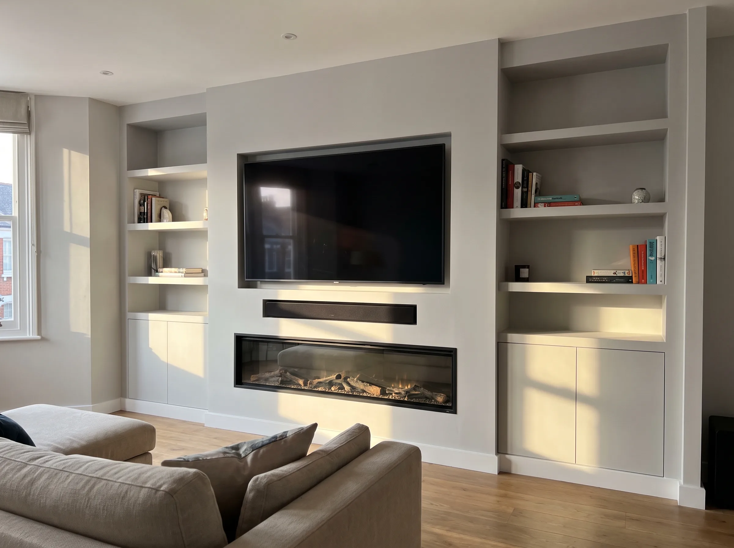 Modern living room featuring a stylish media wall with a TV and built-in shelves