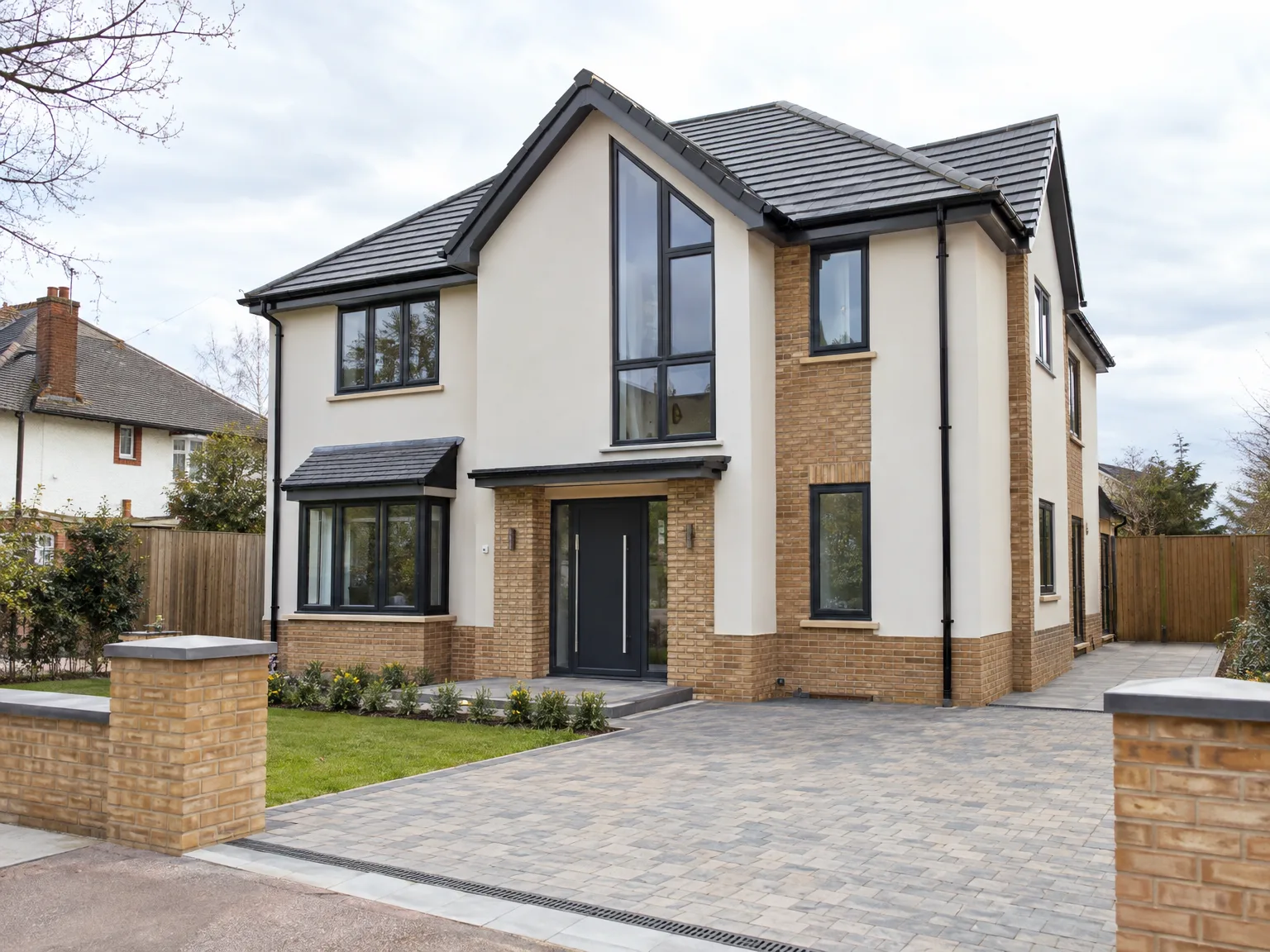 Renovated modern house with brick and render exterior, large windows, black door and newly installed brick paved driveway