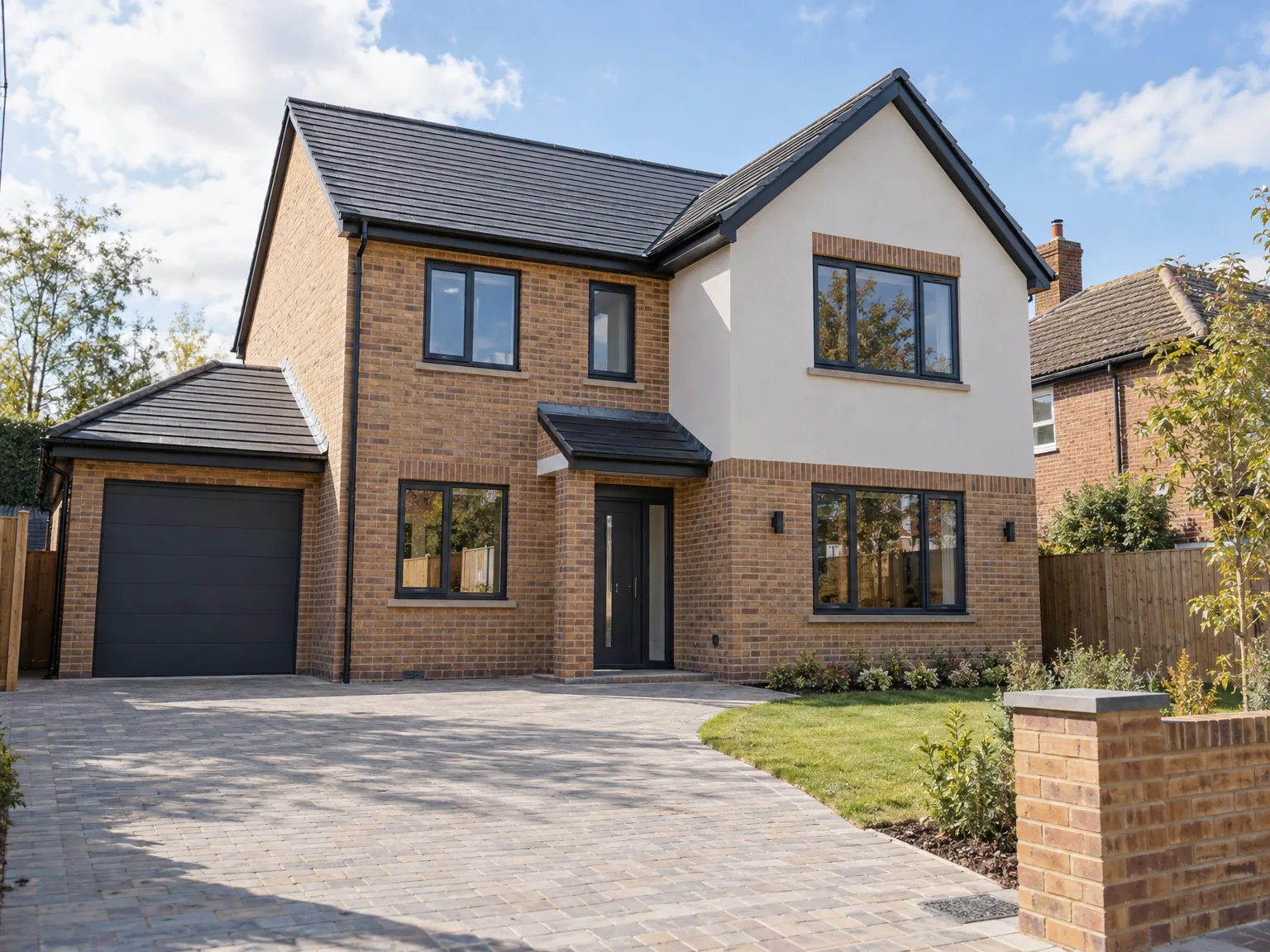Newly built two-storey brick house with black roof, large windows, black garage door, and paved driveway