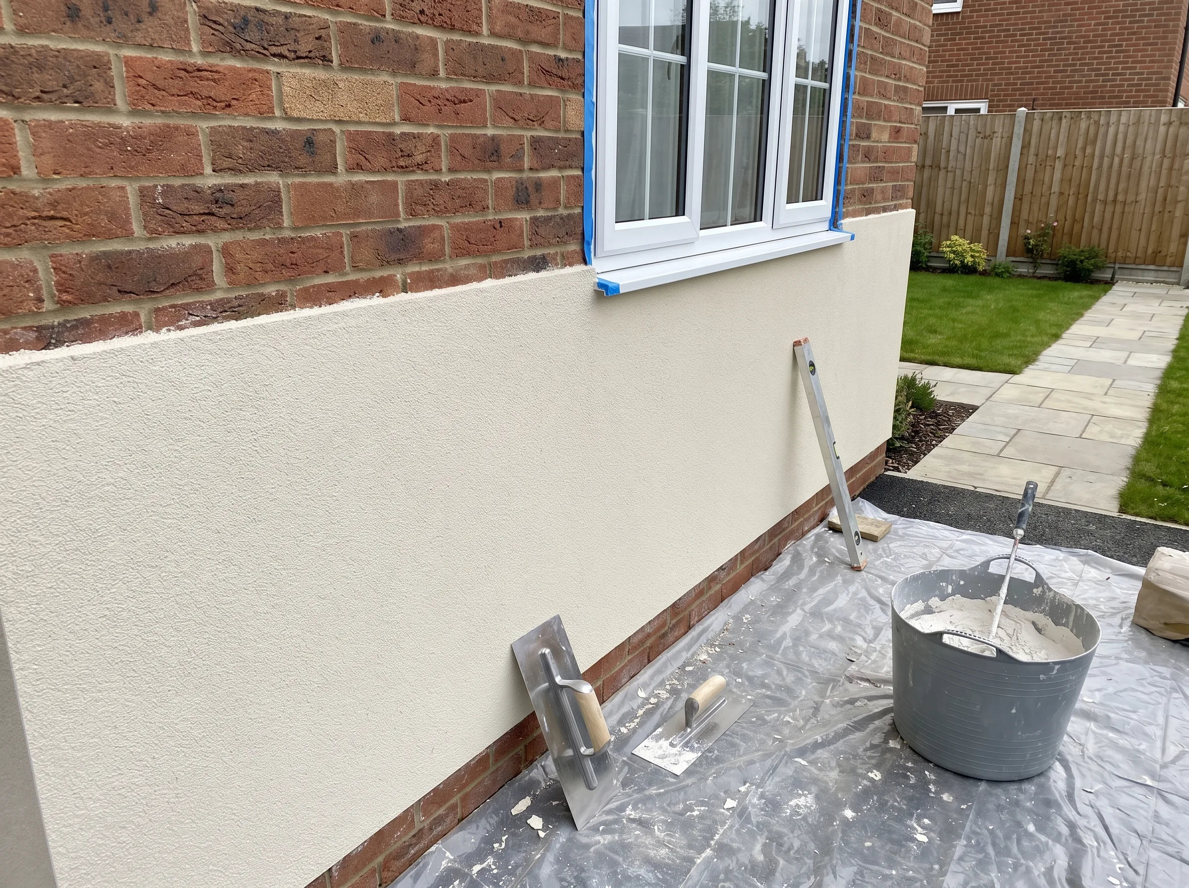 Freshly rendered wall with tools and materials for exterior painting