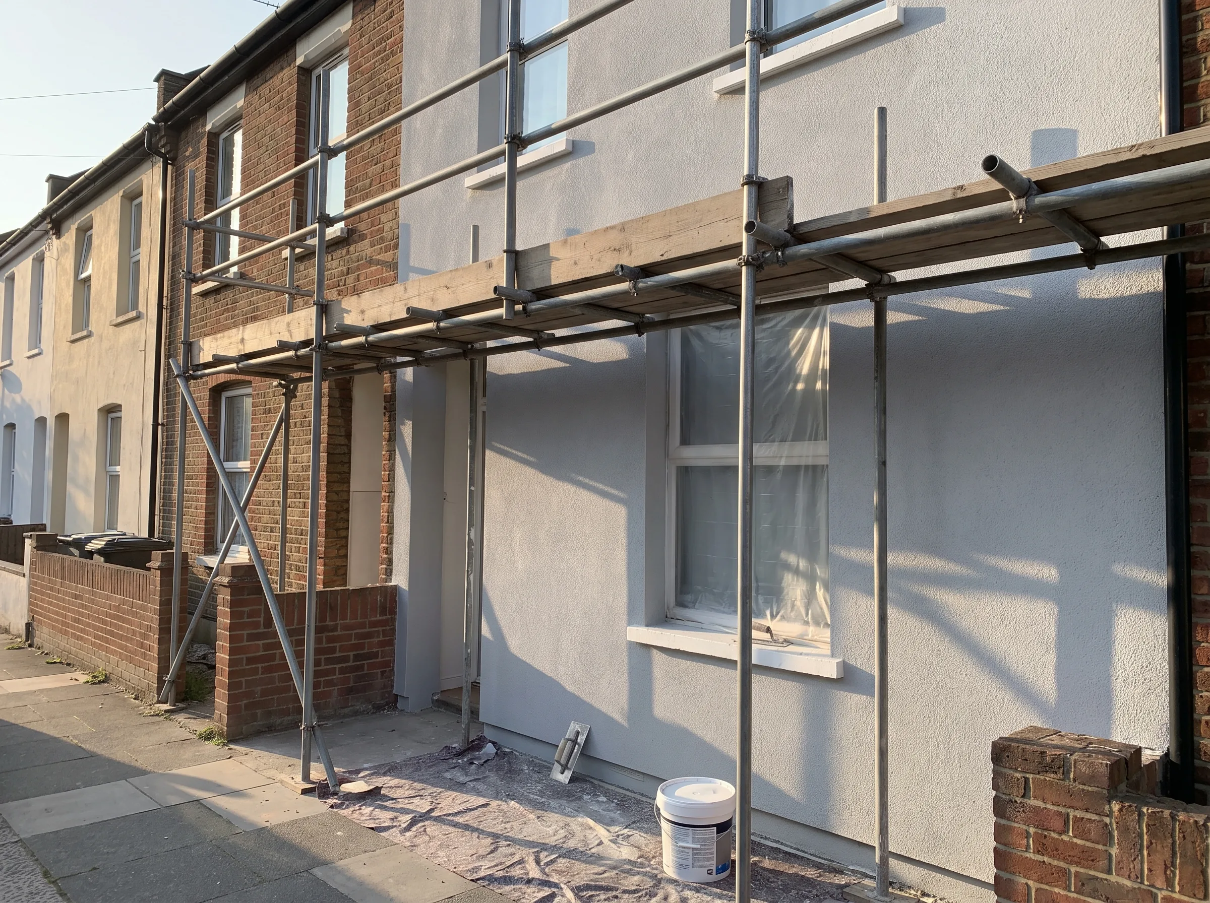 Scaffolding and freshly rendered wall during house renovation, showcasing exterior painting work