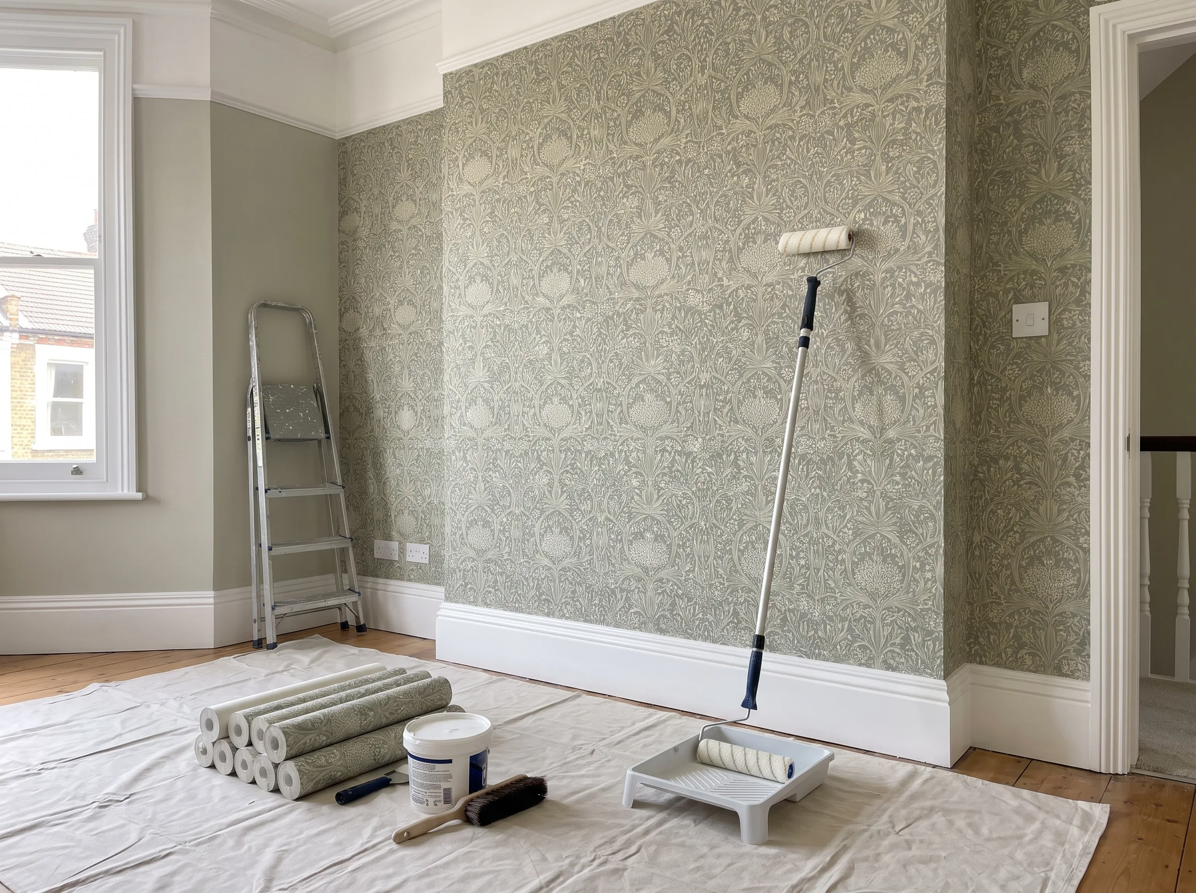 Wallpapering process in a room with tools and preparation materials laid out