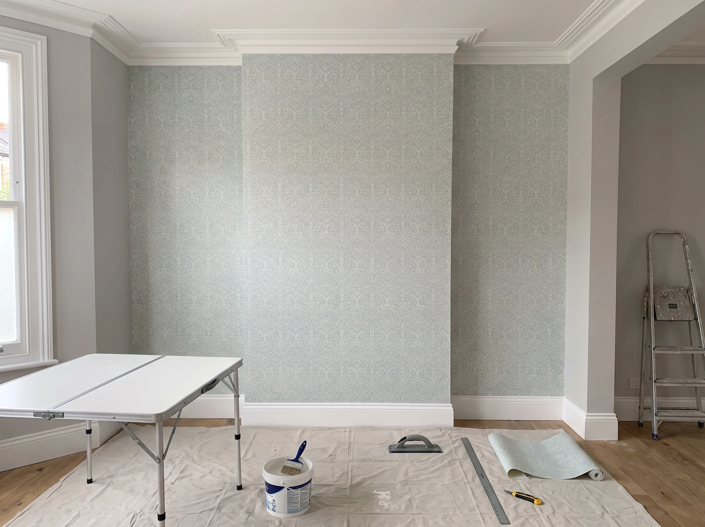 Interior room undergoing wallpapering with tools and paint on the floor